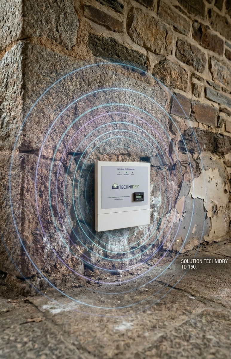 Centrale d'assèchement électronique Technidry TD 150 installée sur un mur humide