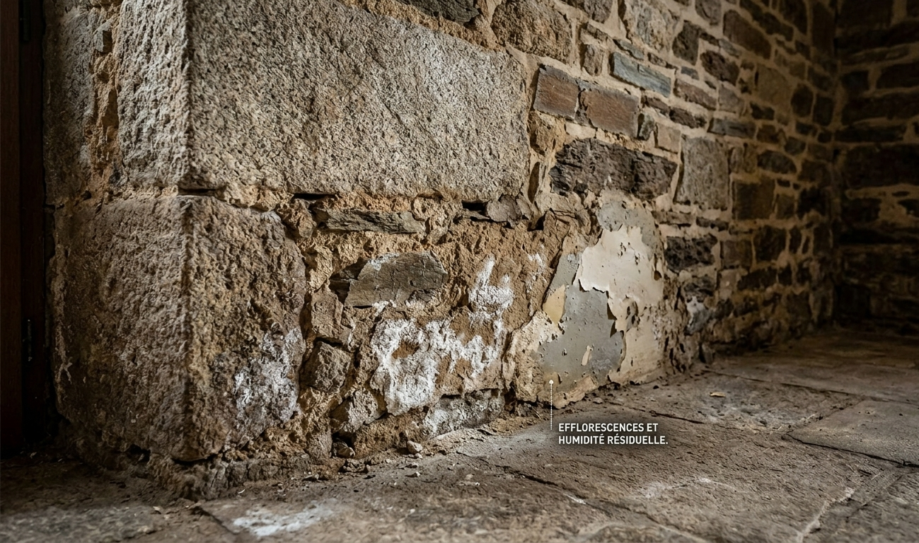 Traces de salpêtre et humidité résiduelle sur un mur en pierre en Bretagne